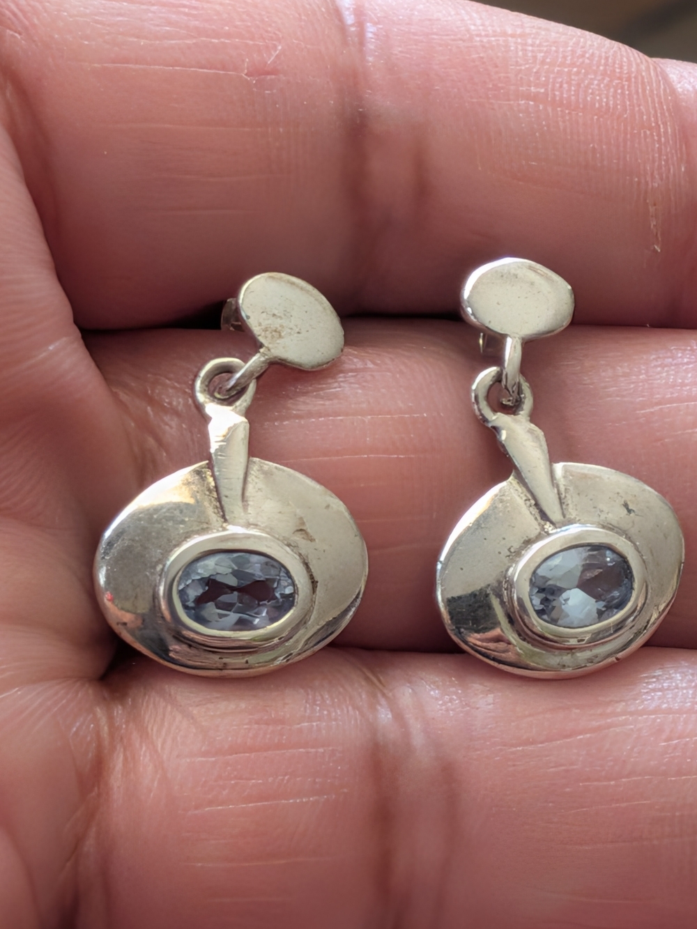 Vintage Modernist Sterling Silver 925 Oval Blue Topaz Dangle Drop Earrings